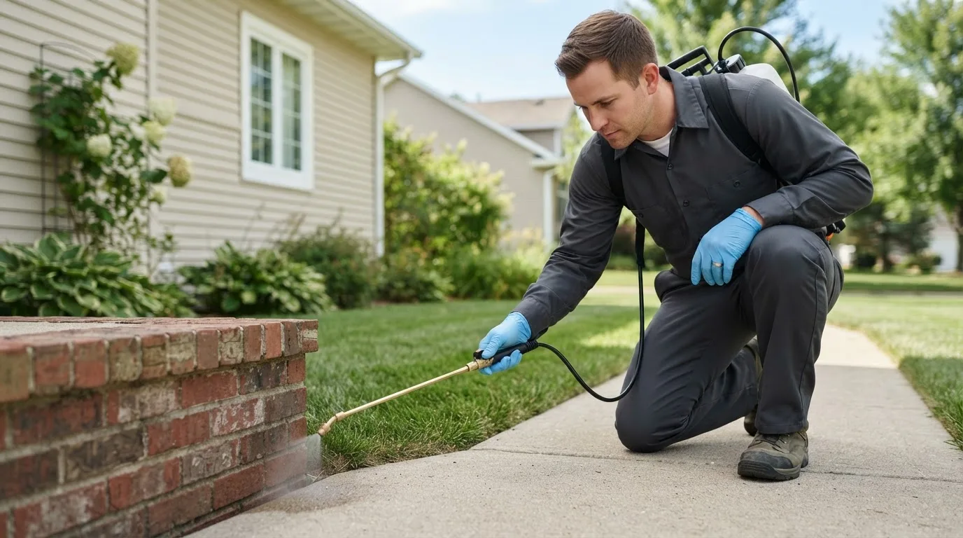 Pest control technician treating a home near Wilsons, VA